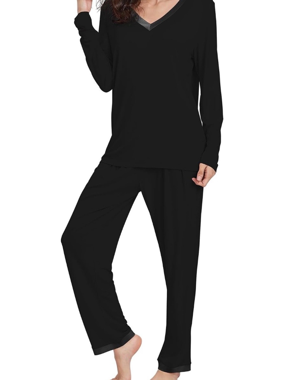 Black Satin-Trim V-Neck Long Sleeve Pajama Set